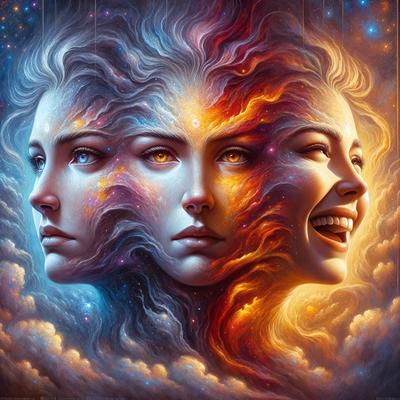 The primary subject of the image is a painting of three faces, each with different expressions. The setting is a cloudy sky, and the visual style is digital art. The dominant colors are red, orange, and blue, creating a vibrant and lively atmosphere.